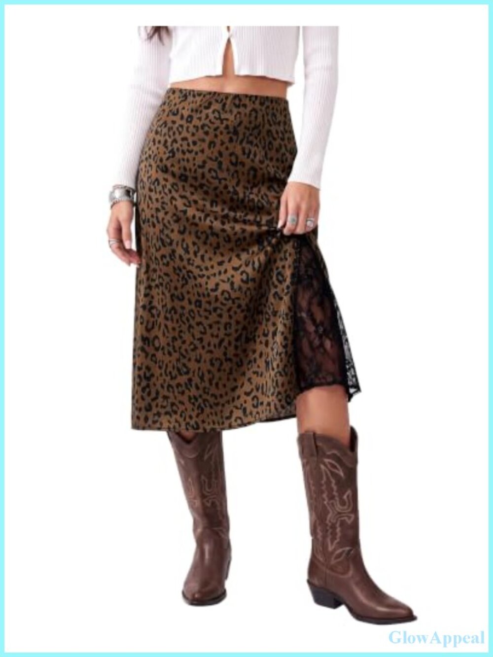 Satin Midi Skirt High Waist Slit Lace Trim A-Line